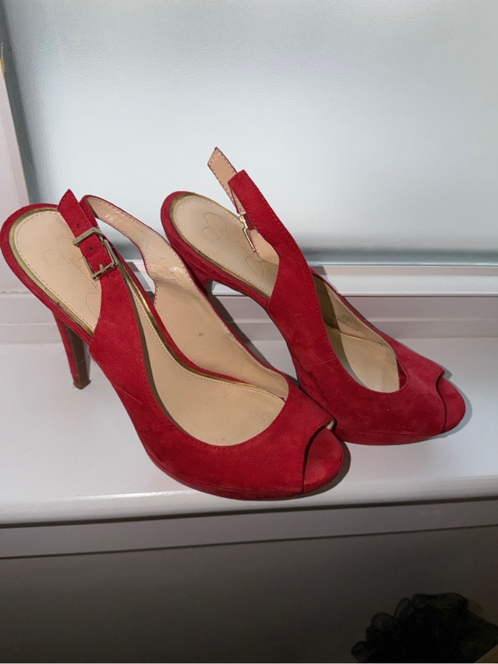 Jessica Simpson Red Suede Peep-Toe Slingback Heels